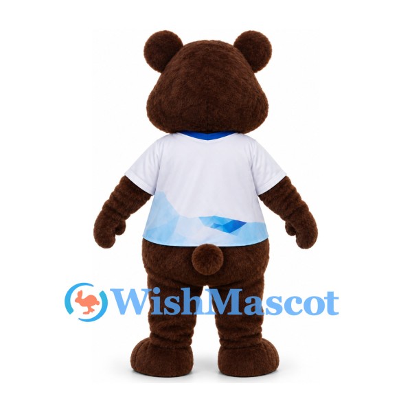 Bear Mascot Costume in Brown with White Shirt and Blue Wave Detail