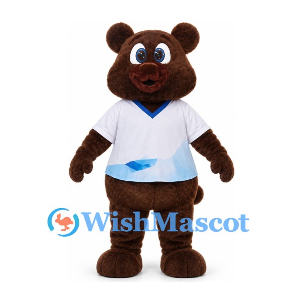 Bear Mascot Costume in Brown with White Shirt and Blue Wave Detail