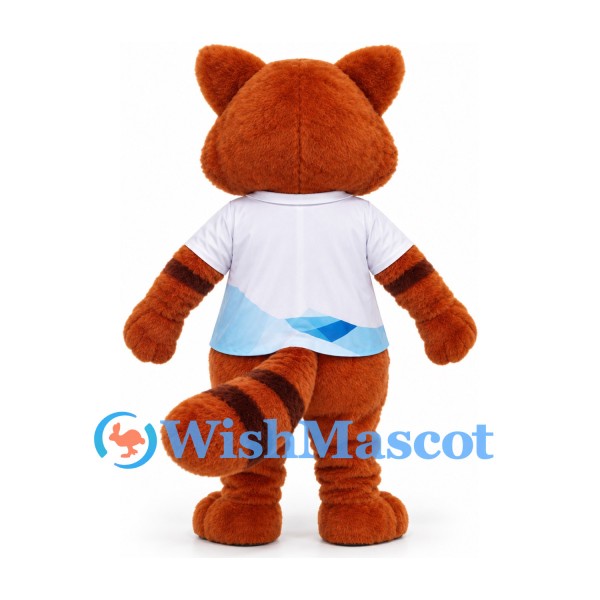 Red Panda Mascot Costume in Rust Brown with White Shirt and Blue Wave Detail