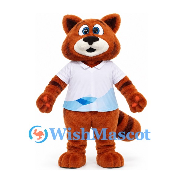 Red Panda Mascot Costume in Rust Brown with White Shirt and Blue Wave Detail
