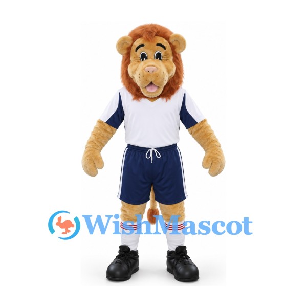 Lion Mascot Costume in Tan with White Sports Shirt and Navy Shorts