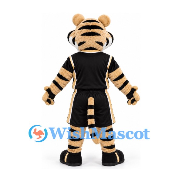 Tiger Mascot Costume in Cream and Black with Black Basketball Uniform