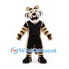 Tiger Mascot Costume in Cream and Black with Black Basketball Uniform