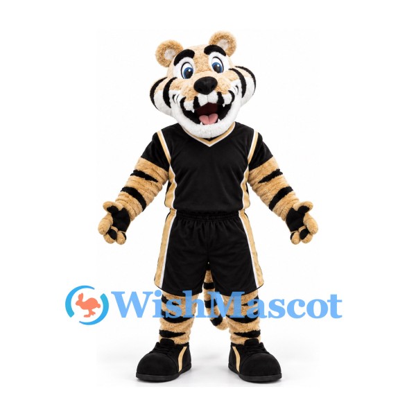 Tiger Mascot Costume in Cream and Black with Black Basketball Uniform