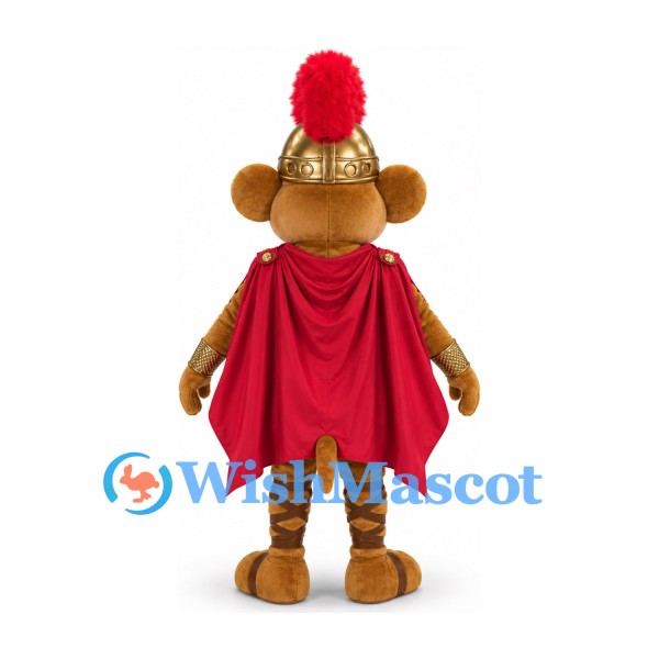 Monkey Mascot Costume in Gold Roman Armor with Red Cape and Helmet Plume