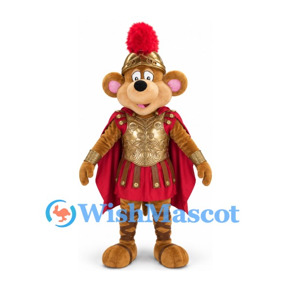 Monkey Mascot Costume in Gold Roman Armor with Red Cape and Helmet Plume