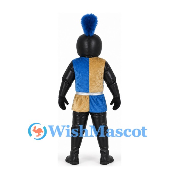 Knight Mascot Costume in Black Armor with Blue and Gold Tabard