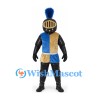 Knight Mascot Costume in Black Armor with Blue and Gold Tabard