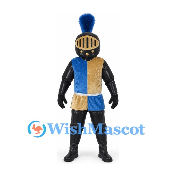 Knight Mascot Costume in Black Armor with Blue and Gold Tabard