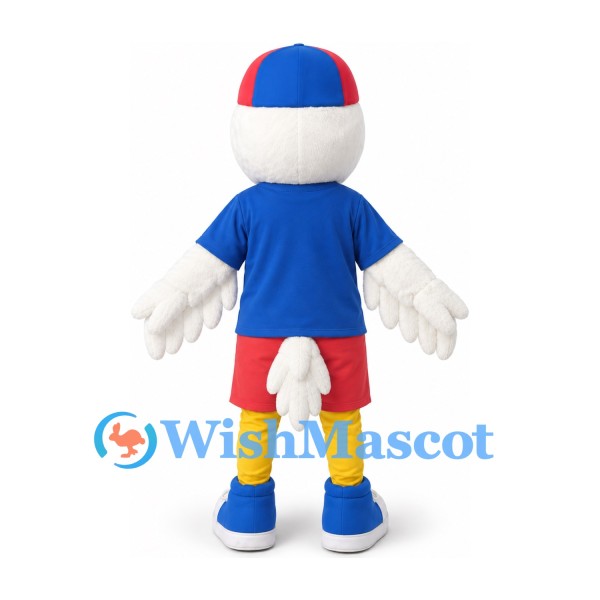 Duck Mascot Costume in White with Blue Shirt Red Shorts and Two Tone Cap