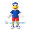 Duck Mascot Costume in White with Blue Shirt Red Shorts and Two Tone Cap