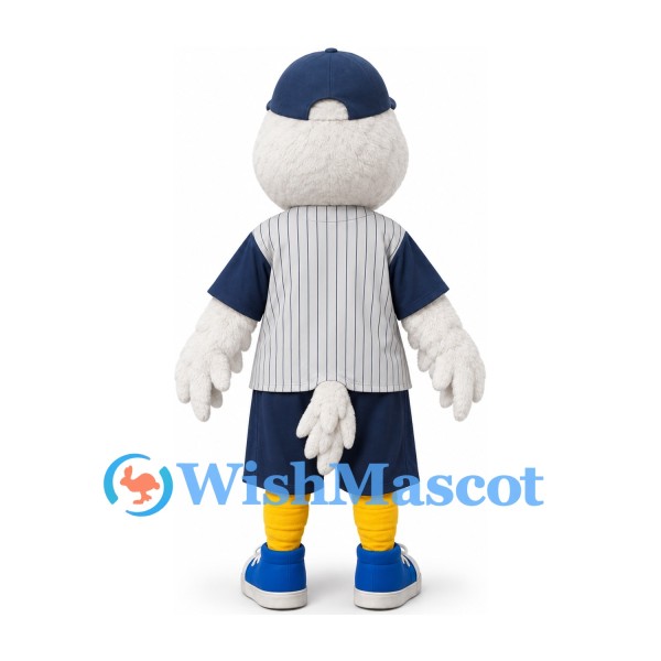 Duck Mascot Costume in White with Navy Baseball Uniform and Striped Vest