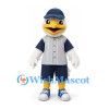 Duck Mascot Costume in White with Navy Baseball Uniform and Striped Vest
