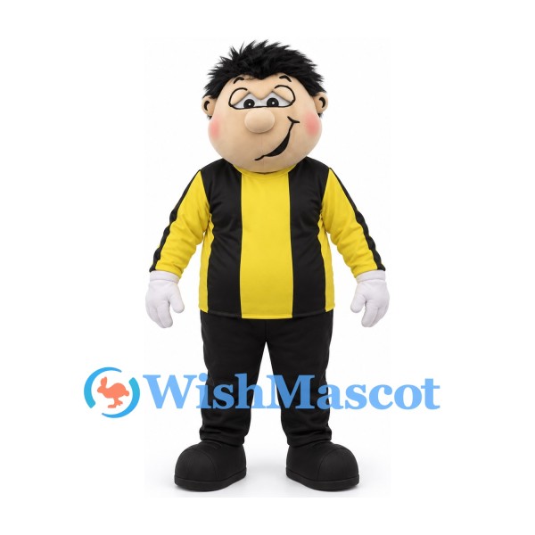 Man Mascot Costume with Glasses Yellow and Black Striped Shirt and Black Trousers