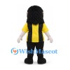 Woman Mascot Costume with Long Black Hair and Yellow and Black Striped Shirt