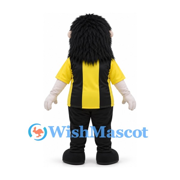 Woman Mascot Costume with Long Black Hair and Yellow and Black Striped Shirt