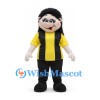 Woman Mascot Costume with Long Black Hair and Yellow and Black Striped Shirt
