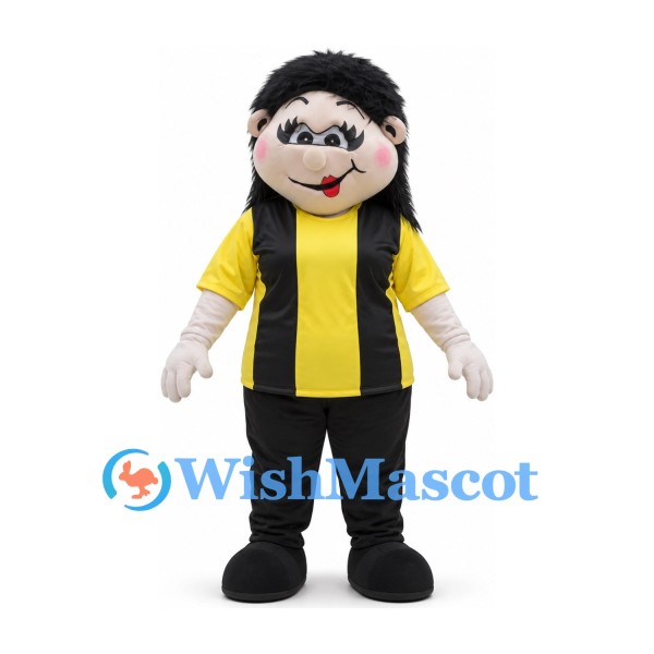 Woman Mascot Costume with Long Black Hair and Yellow and Black Striped Shirt