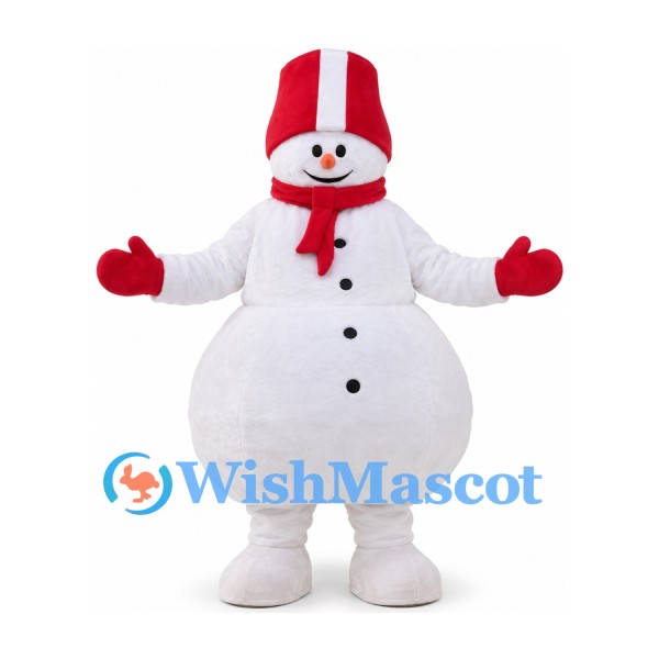 Snowman Mascot Costume with Red Striped Hat Scarf and Mittens