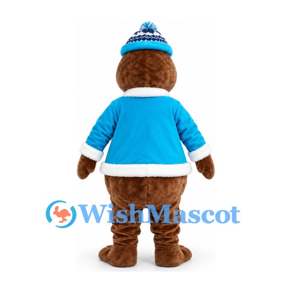Walrus Mascot Costume in Brown with Blue Winter Jacket and Knit Hat
