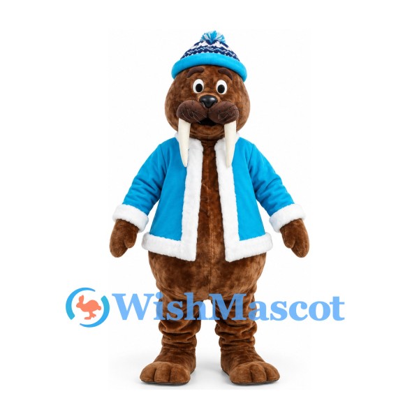 Walrus Mascot Costume in Brown with Blue Winter Jacket and Knit Hat