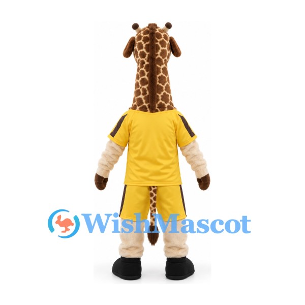 Giraffe Mascot Costume in Brown and Cream with Yellow Sports Uniform