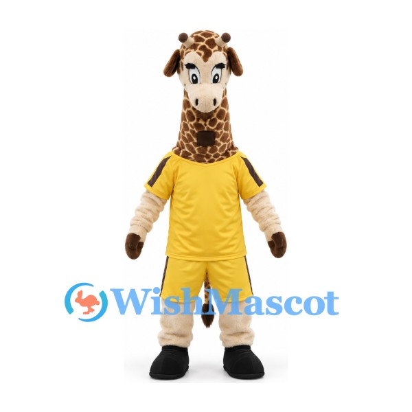 Giraffe Mascot Costume in Brown and Cream with Yellow Sports Uniform