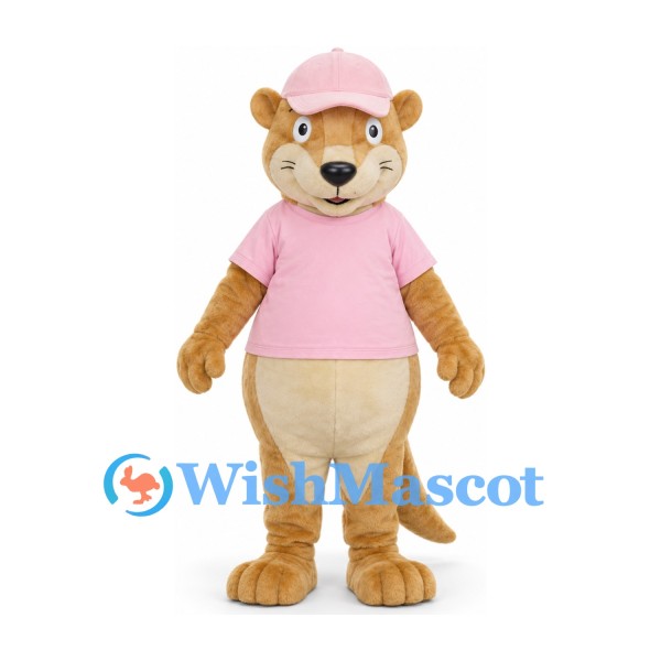 Otter Mascot Costume in Tan with Pink Polo Shirt and Cap