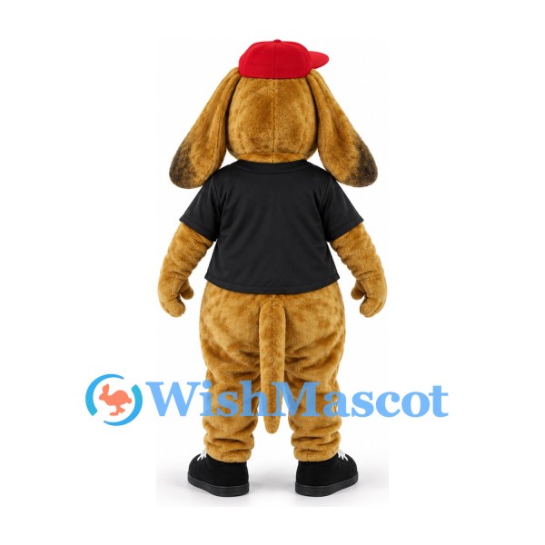 Dog Mascot Costume in Gold with Black Polo Shirt and Red Beret