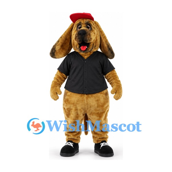 Dog Mascot Costume in Gold with Black Polo Shirt and Red Beret