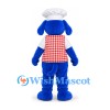 Dog Mascot Costume in Blue with White Chef Hat and Red Gingham Shirt