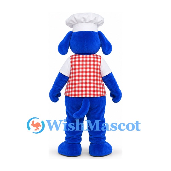 Dog Mascot Costume in Blue with White Chef Hat and Red Gingham Shirt
