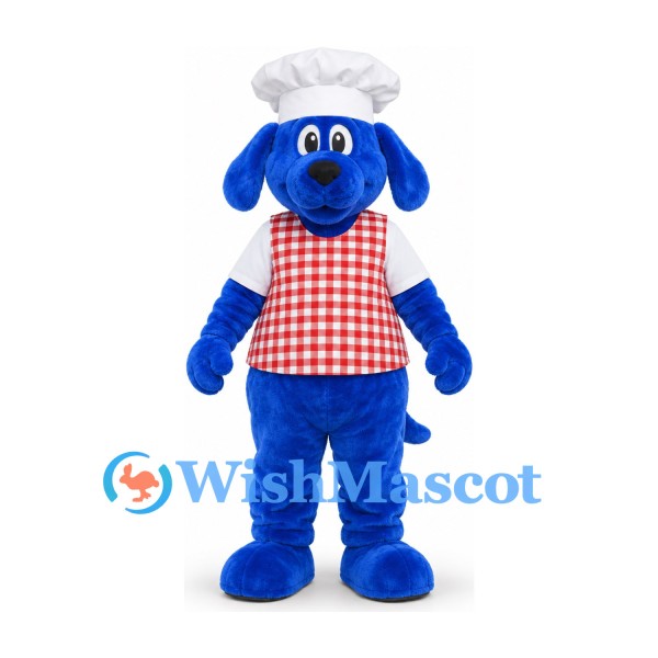Dog Mascot Costume in Blue with White Chef Hat and Red Gingham Shirt