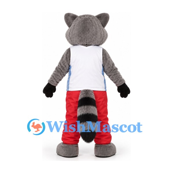 Raccoon Mascot Costume in Gray with White Shirt and Red Trousers