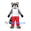 Raccoon Mascot Costume in Gray with White Shirt and Red Trousers