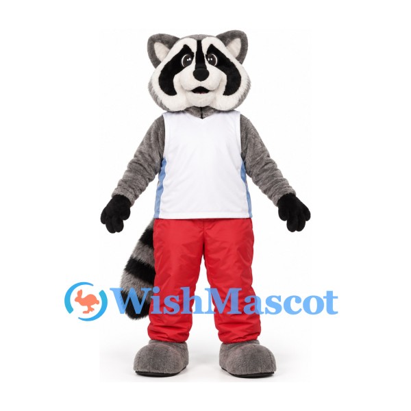 Raccoon Mascot Costume in Gray with White Shirt and Red Trousers