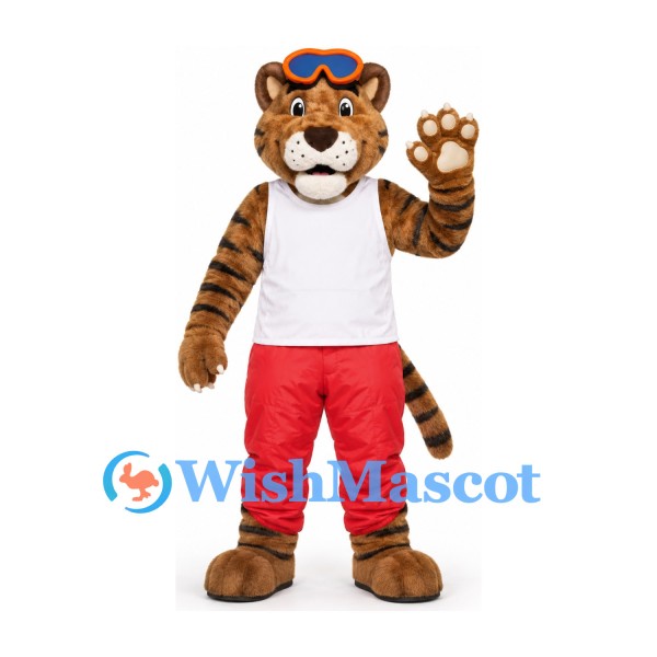 Tiger Mascot Costume in Brown with White Shirt Red Trousers and Goggles