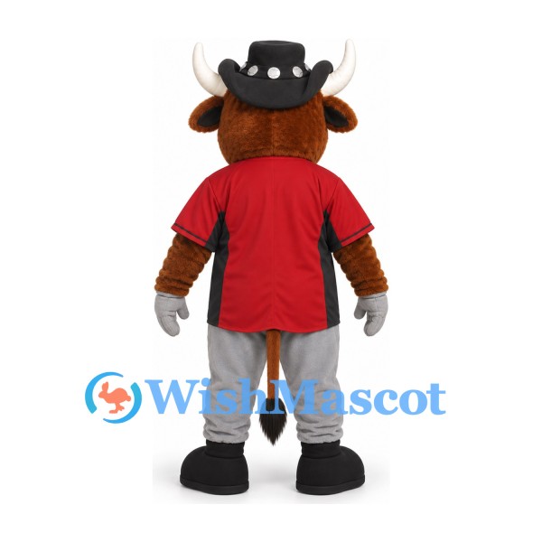 Bull Mascot Costume in Brown with Red Shirt Gray Trousers and Black Hat