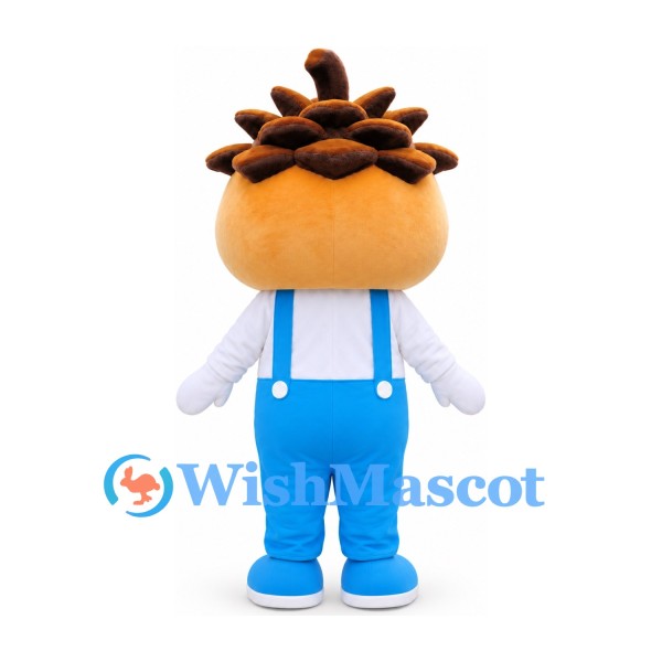 Pine Cone Character Mascot Costume with Blue Overalls and Pink Bow Tie