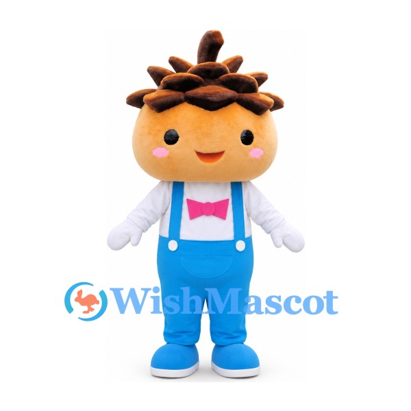 Pine Cone Character Mascot Costume with Blue Overalls and Pink Bow Tie