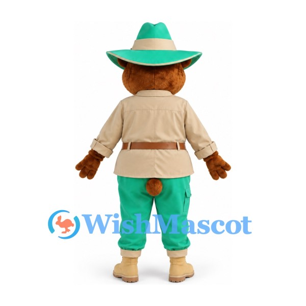 Bear Mascot Costume in Brown with Tan Shirt Green Trousers and Cowboy Hat