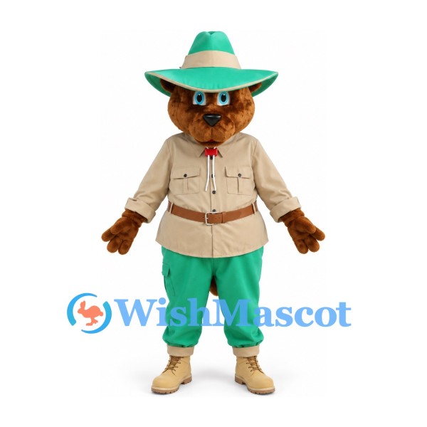 Bear Mascot Costume in Brown with Tan Shirt Green Trousers and Cowboy Hat