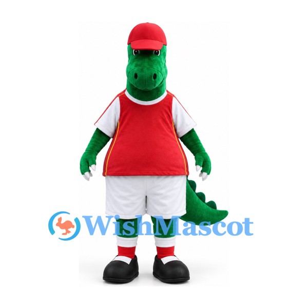 Crocodile Mascot Costume in Green with Red Shirt White Sports Shorts and Cap