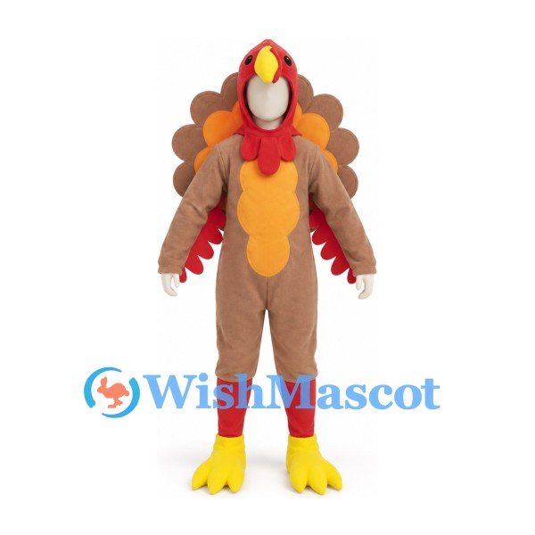 Turkey Mascot Costume in Brown and Red with Large Orange Fan Tail