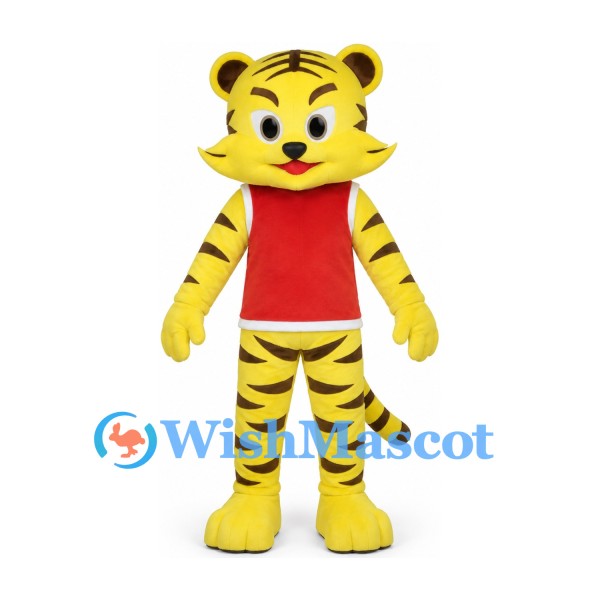 Tiger Mascot Costume in Yellow with Red Sleeveless Shirt