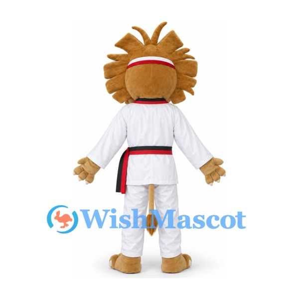 Lion Mascot Costume in Tan with Karate Uniform and Black Belt