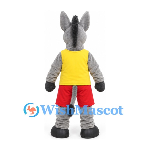 Donkey Mascot Costume in Gray with Yellow Shirt and Red Shorts