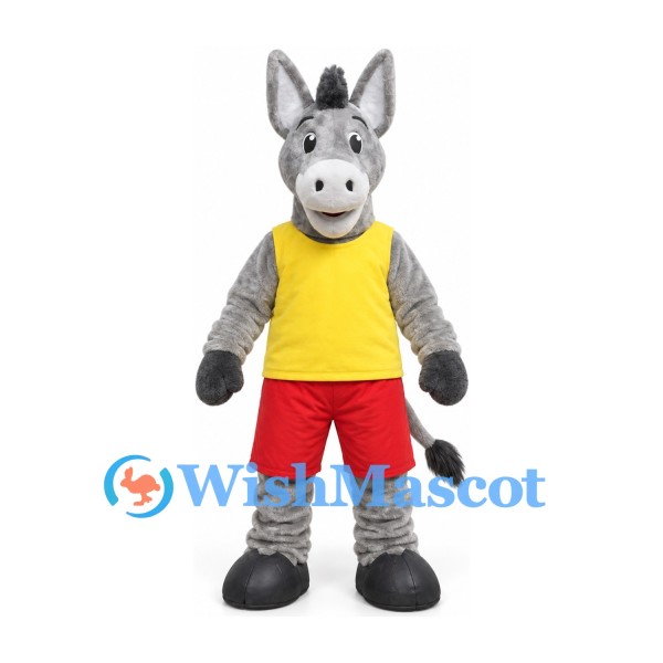 Donkey Mascot Costume in Gray with Yellow Shirt and Red Shorts