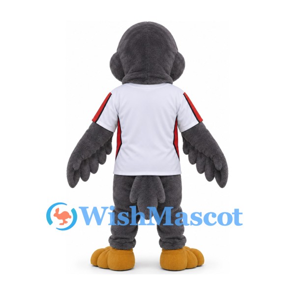 Bird Mascot Costume in Gray with White Sports Shirt and Orange Feet