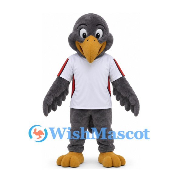 Bird Mascot Costume in Gray with White Sports Shirt and Orange Feet
